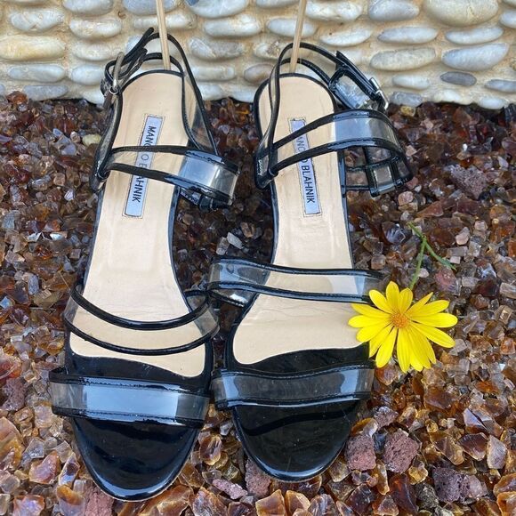 Manolo Blahnik Black & Clear Patent Leather Wedge Sandals. Size 7.5 (38). EUC! - Picture 1 of 6
